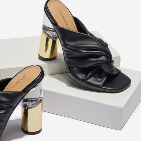 Block High Heels Slip-on Sandal. Black and Gold. Spring, Summer. Faux Leather. - Picture 5 of 7